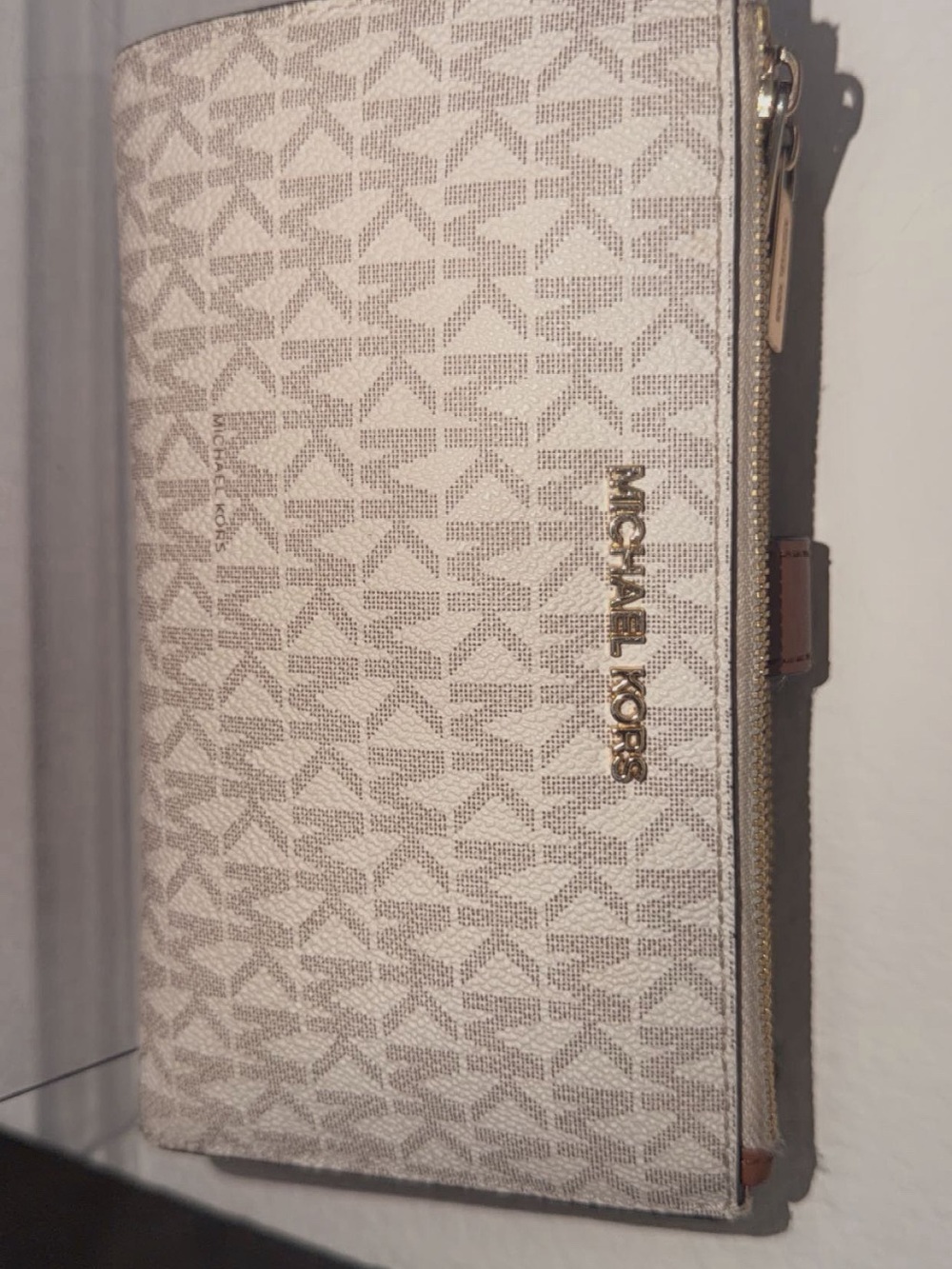 Michael Kors Beige Logo Zip-Around Wallet with Gold Hardware